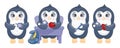 Cute little penguin with diabetes. Cartoon character with glucometer, syringe pen, hypoglycemia and sugar, glucose measurement sen