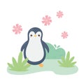 Cute little penguin flowers grass cartoon animal