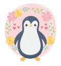 Cute little penguin flowers hearts cartoon animal Royalty Free Stock Photo