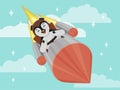 Cute little penguin flying on a rocket. A smiling character.