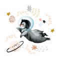 Cute little penguin illustration. Brave mascot animal with stars, planets in minimal style