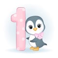 Cute Little Penguin and number 1 Royalty Free Stock Photo