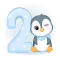 Cute Little Penguin and number 2, Happy birthday 2 years old Royalty Free Stock Photo