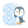 Cute Little Penguin and number 3, Happy birthday 3  years old Royalty Free Stock Photo