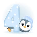 Cute Little Penguin and number 4, Happy birthday 4 years old Royalty Free Stock Photo