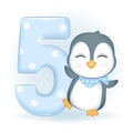 Cute Little Penguin and number 5, Happy birthday 5 years old Royalty Free Stock Photo