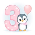 Cute Little Penguin and number 3 Royalty Free Stock Photo