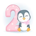 Cute Little Penguin and number 2 Royalty Free Stock Photo