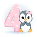 Cute Little Penguin and number 4 Royalty Free Stock Photo