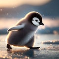 Cute little penguin walking on ice in a sunny winter morning, polar Antarctic wildlife wallpaper, generative ai