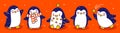 Cute little penguins border on red background - cartoon characters for funny Christmas and New Year holidays panoramic banner Royalty Free Stock Photo