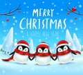 Cute little penguins in Christmas snow scene winter landscape. Christmas cute animal cartoon character. Royalty Free Stock Photo