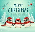 Cute little penguins in Christmas snow scene winter landscape. Christmas cute animal cartoon character. Royalty Free Stock Photo