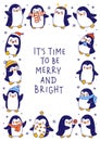 Cute little penguins isolated on white background - cartoon characters vertical frame for funny Christmas and New Year holidays