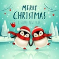 Cute little penguins skate on frozen river in Christmas snow scene. Christmas cute animal cartoon character. Royalty Free Stock Photo