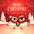 Cute little penguins skate on frozen river in Christmas snow scene. Christmas cute animal cartoon character Royalty Free Stock Photo