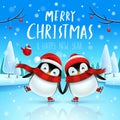 Cute little penguins skate on frozen river in Christmas snow scene. Christmas cute animal cartoon character Royalty Free Stock Photo