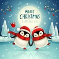 Cute little penguins skate on frozen river under the moonlight in Christmas snow scene. Christmas cute animal cartoon character Royalty Free Stock Photo