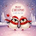 Cute little penguins skate on frozen river under the moonlight in Christmas snow scene. Christmas cute animal cartoon character Royalty Free Stock Photo