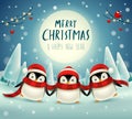 Cute little penguins under the moonlight in Christmas snow scene winter landscape. Christmas cute animal cartoon character. Royalty Free Stock Photo