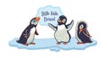 Cute little penguins, vector kids illustration, logo or banner template with white background