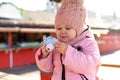 Cute little photographer with toy camera Royalty Free Stock Photo