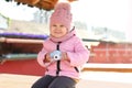 Cute little photographer with toy camera Royalty Free Stock Photo