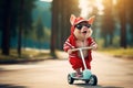 Cute little pig in child costume riding a scooter in the park Royalty Free Stock Photo