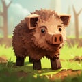 Cute Little Pig In A Grassy Field: A Voxel Art Video Game