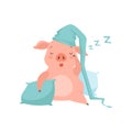 Cute little pig in light blue nightcap sleeping on pillows, funny piglet cartoon character vector Illustration on a