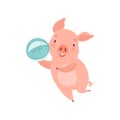 Cute little pig playing with ball, funny piglet cartoon character having fun vector Illustration on a white background Royalty Free Stock Photo