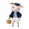 cute little pig in the seaman suit, hand drawn clipart, watercolor lovely illustration