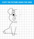 Cute little pig sitting. Grid copy game, complete the picture educational children game