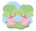 Cute little piggies and tree cartoon animals in a natural landscape