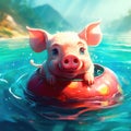 Cute little piglet floating in the ocean on an inflatable circle on a sunny day. Generative AI Royalty Free Stock Photo