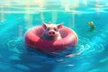 Cute little piglet floating in the ocean on an inflatable circle on a sunny day. Generative AI Royalty Free Stock Photo