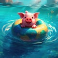 Cute little piglet floating in the ocean on an inflatable circle on a sunny day. Generative AI Royalty Free Stock Photo