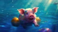 Cute little piglet floating in the ocean on an inflatable circle on a sunny day. Generative AI Royalty Free Stock Photo