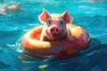 Cute little piglet floating in the ocean on an inflatable circle on a sunny day. Generative AI Royalty Free Stock Photo