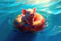 Cute little piglet floating in the ocean on an inflatable circle on a sunny day. Generative AI Royalty Free Stock Photo