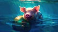 Cute little piglet floating in the ocean on an inflatable circle on a sunny day. Generative AI Royalty Free Stock Photo