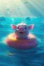 Cute little piglet floating in the ocean on an inflatable circle on a sunny day. Generative AI Royalty Free Stock Photo