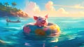 Cute little piglet floating in the ocean on an inflatable circle on a sunny day. Generative AI Royalty Free Stock Photo