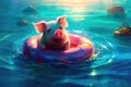 Cute little piglet floating in the ocean on an inflatable circle on a sunny day. Generative AI Royalty Free Stock Photo