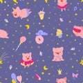 Cute little pigs on night sky seamless pattern.