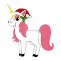 Cute little pink magic unicorn in santa hat. New Year. Christmas. Card