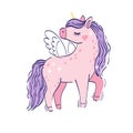 Cute little pink magical unicorn. Vector hand drawing illustration isolated on white background Royalty Free Stock Photo