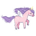 Cute little pink magical unicorn. Vector hand drawing illustration isolated on white background Royalty Free Stock Photo