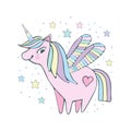 Cute little pink magical unicorn with wings among the stars. Vector design on white background. Print for t-shirt. Delicate, Royalty Free Stock Photo