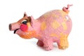 Cute little pink pig cartoon handmade toy on white Royalty Free Stock Photo